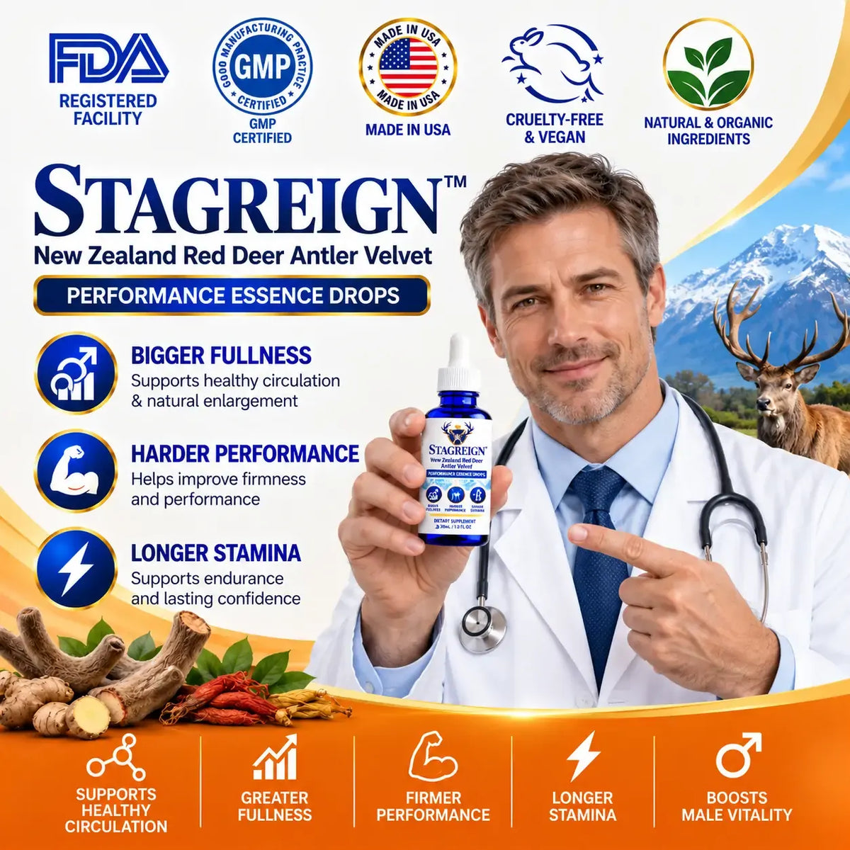 STAGREIGN™ New Zealand Red Deer Antler Velvet Performance Essence Drops — Bigger Fullness, Harder Performance & Longer Stamina